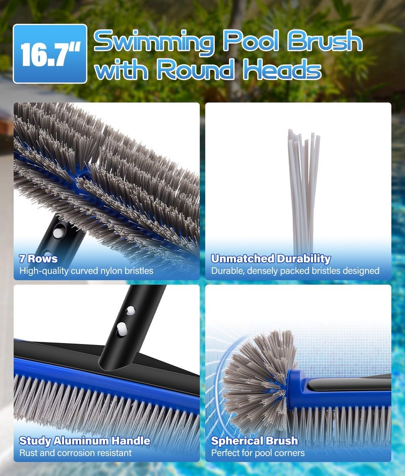 PAHTTO 16.7'' Swimming Pool Brush Head with Round Ends, EZ Clip Aluminum Handle, Heavy Duty Pool Brushes for Clean Swimming Pools Faster, Extra Corner Brush Head for Clean Pool Steps & Corners - Image 4